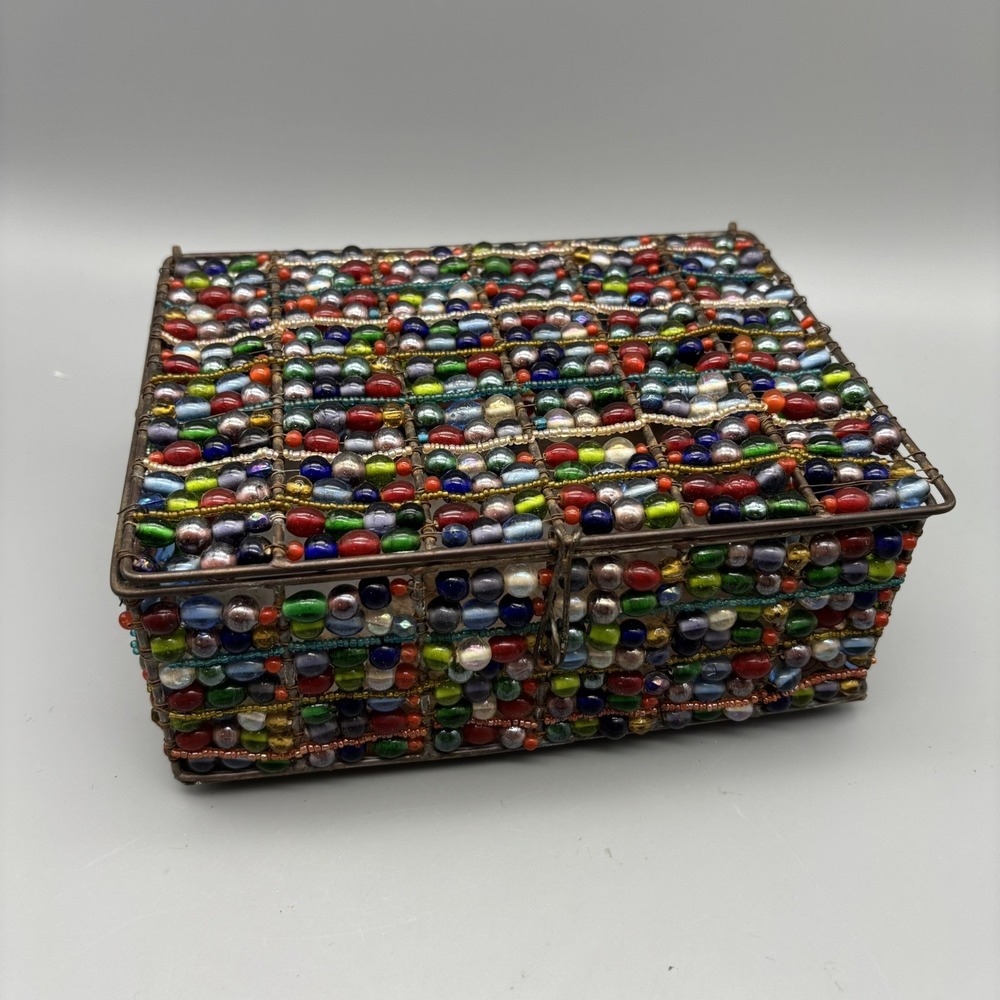 Vintage Glass Beaded Metal Jewelry‎ Box Copper Color Boho Retro